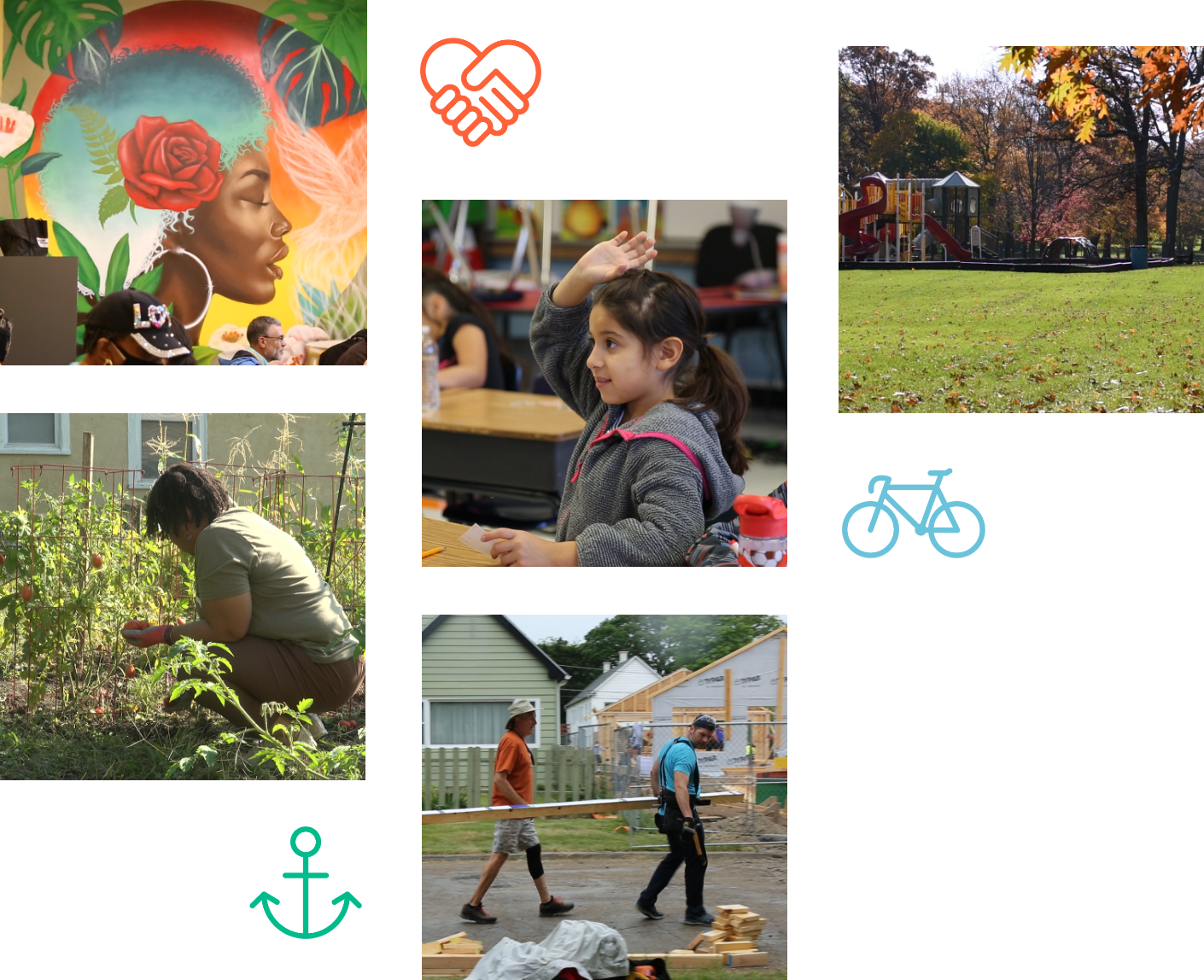 images of community work, icons of hands, bike and Navy anchor